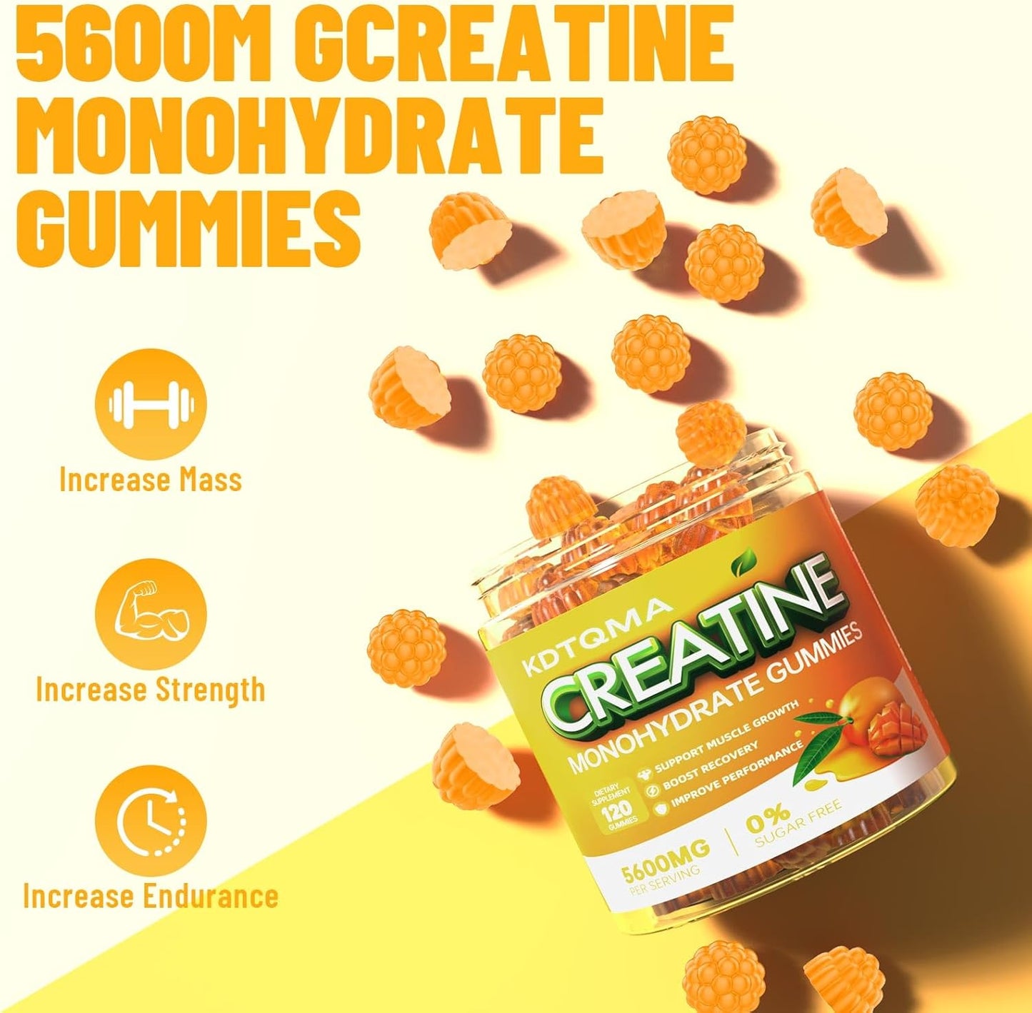 Vegan Creatine Monohydrate Gummies 120 CT - 5600mg per Serving, Mango Flavor Chewable Supplement for Muscle Support & Energy Boost, Sugar-Free for Men & Women
