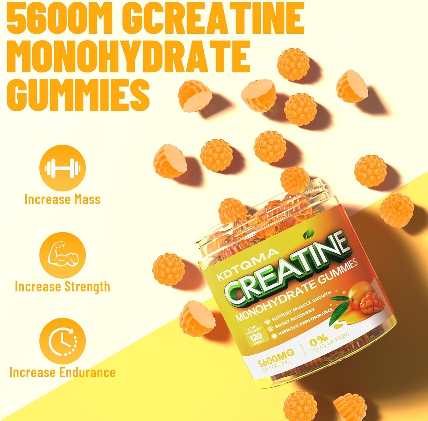Vegan Creatine Monohydrate Gummies 120 CT - 5600mg per Serving, Mango Flavor Chewable Supplement for Muscle Support & Energy Boost, Sugar-Free for Men & Women
