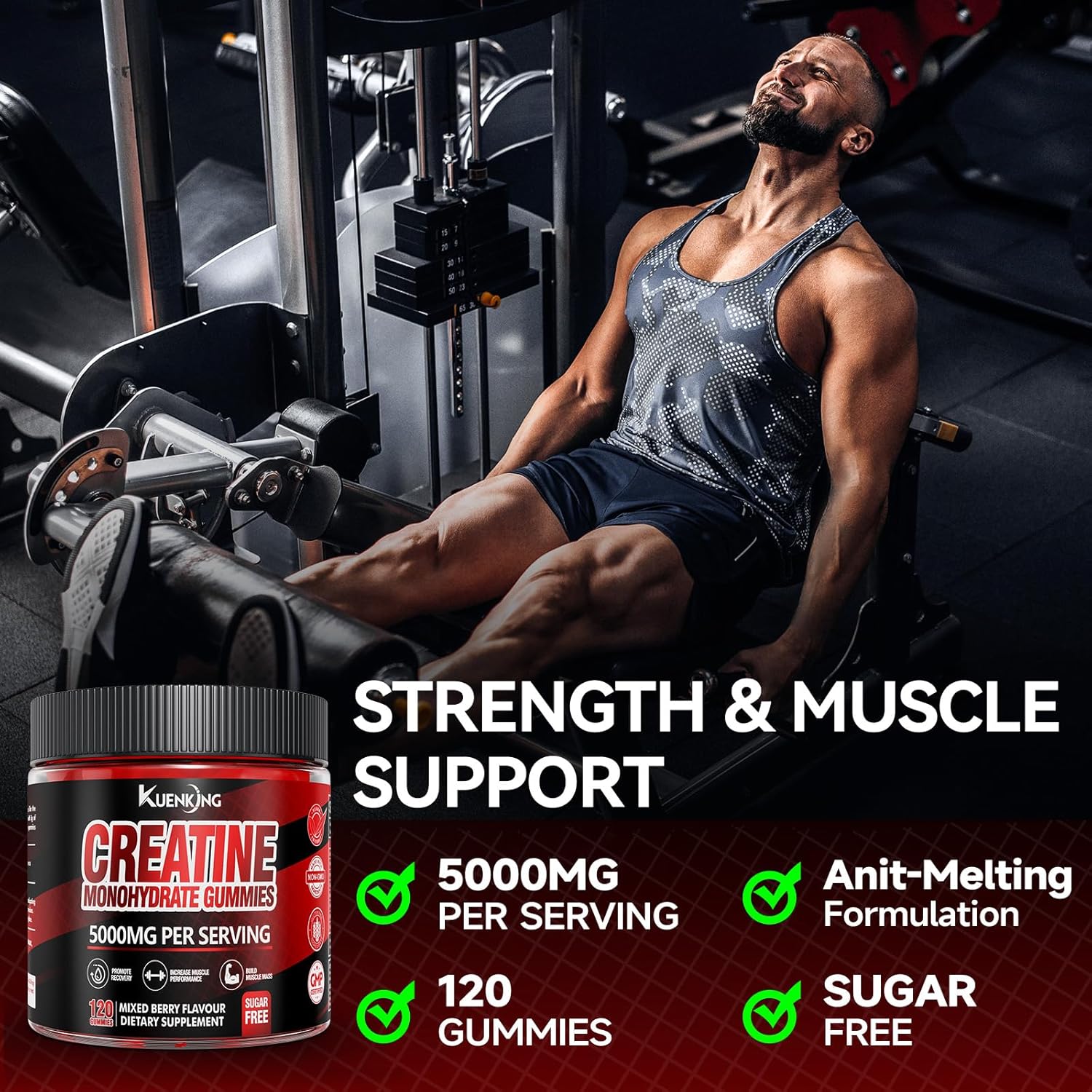 Vegan Creatine Monohydrate Gummies 5g - Sugar-Free with Taurine & B12 - Strength & Energy Boost - Pre-Workout Supplement for Men & Women - 120 Count