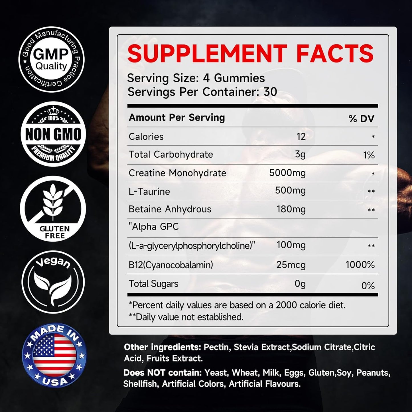 Vegan Creatine Monohydrate Gummies 5g - Sugar-Free with Taurine & B12 - Strength & Energy Boost - Pre-Workout Supplement for Men & Women - 120 Count