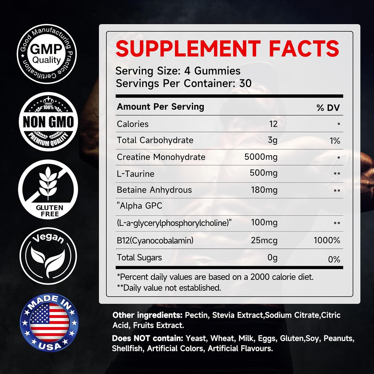 Vegan Creatine Monohydrate Gummies 5g - Sugar-Free with Taurine & B12 - Strength & Energy Boost - Pre-Workout Supplement for Men & Women - 120 Count