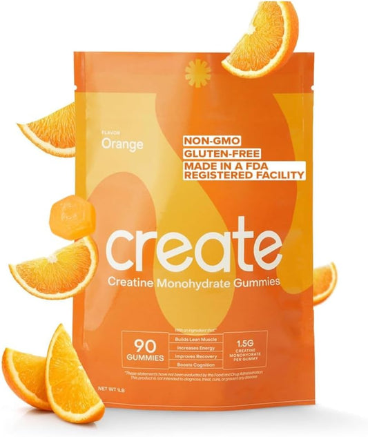 Vegan Creatine Monohydrate Gummies for Focus, Strength, Endurance - Orange Flavor, 90 ct - Non-GMO, Gluten-Free, 1.5g Creatine per Gummy - Men & Women.