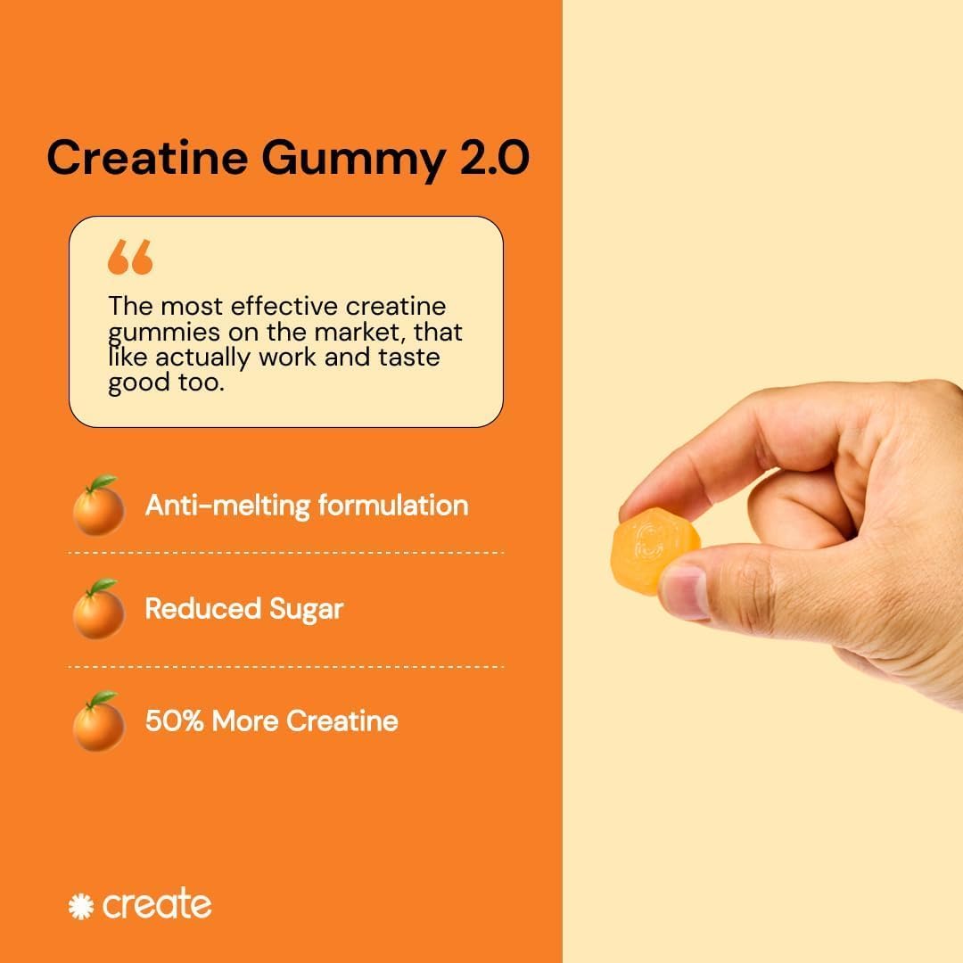 Vegan Creatine Monohydrate Gummies for Focus, Strength, Endurance - Orange Flavor, 90 ct - Non-GMO, Gluten-Free, 1.5g Creatine per Gummy - Men & Women.