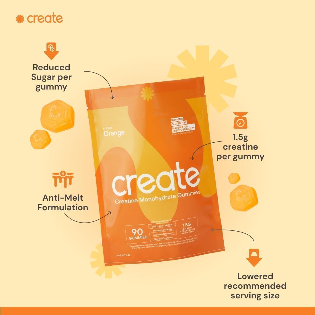 Vegan Creatine Monohydrate Gummies for Focus, Strength, Endurance - Orange Flavor, 90 ct - Non-GMO, Gluten-Free, 1.5g Creatine per Gummy - Men & Women.