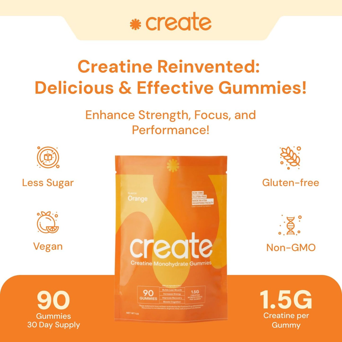 Vegan Creatine Monohydrate Gummies for Focus, Strength, Endurance - Orange Flavor, 90 ct - Non-GMO, Gluten-Free, 1.5g Creatine per Gummy - Men & Women.