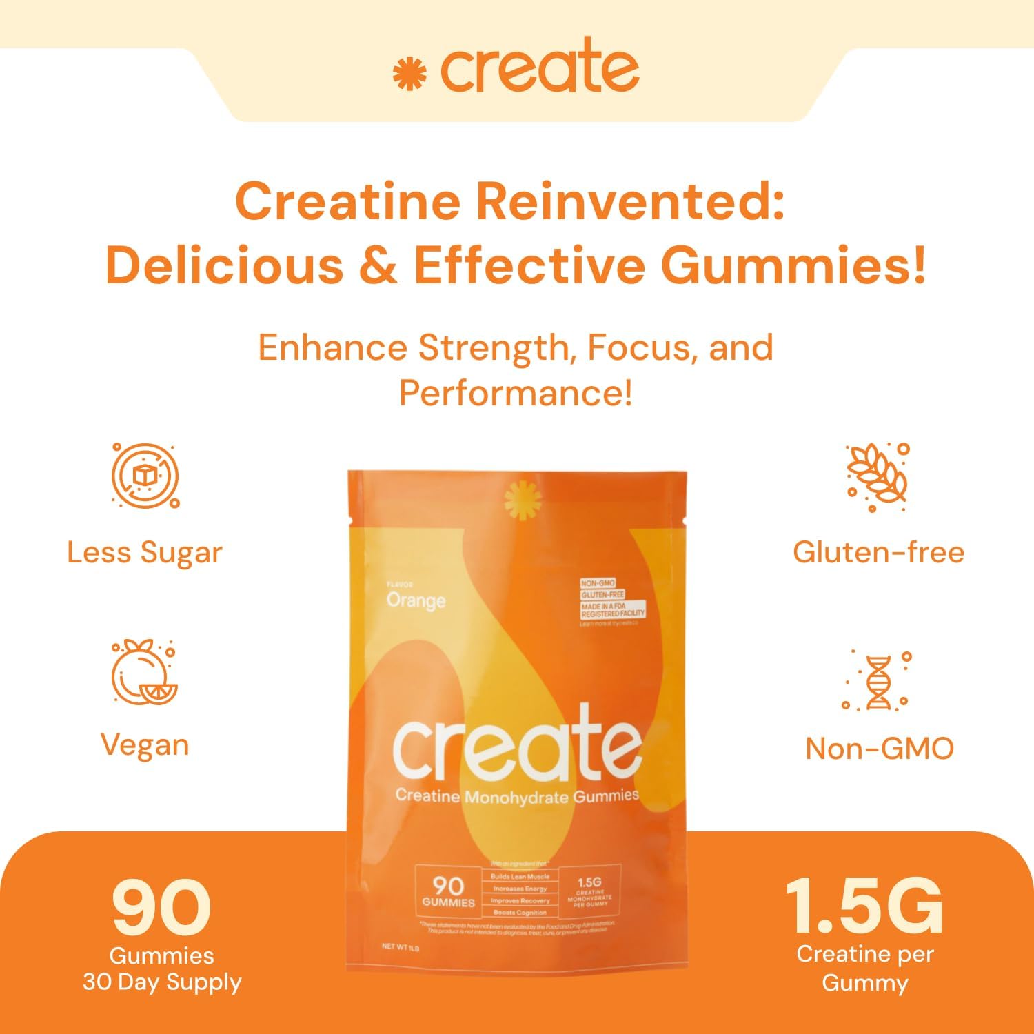 Vegan Creatine Monohydrate Gummies for Focus, Strength, Endurance - Orange Flavor, 90 ct - Non-GMO, Gluten-Free, 1.5g Creatine per Gummy - Men & Women.