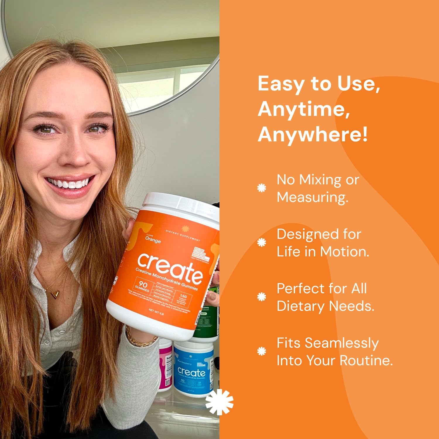 Vegan Creatine Monohydrate Gummies for Focus, Strength, Endurance - Orange Flavor, 90 ct - Non-GMO, Gluten-Free, 1.5g Creatine per Gummy - Men & Women.