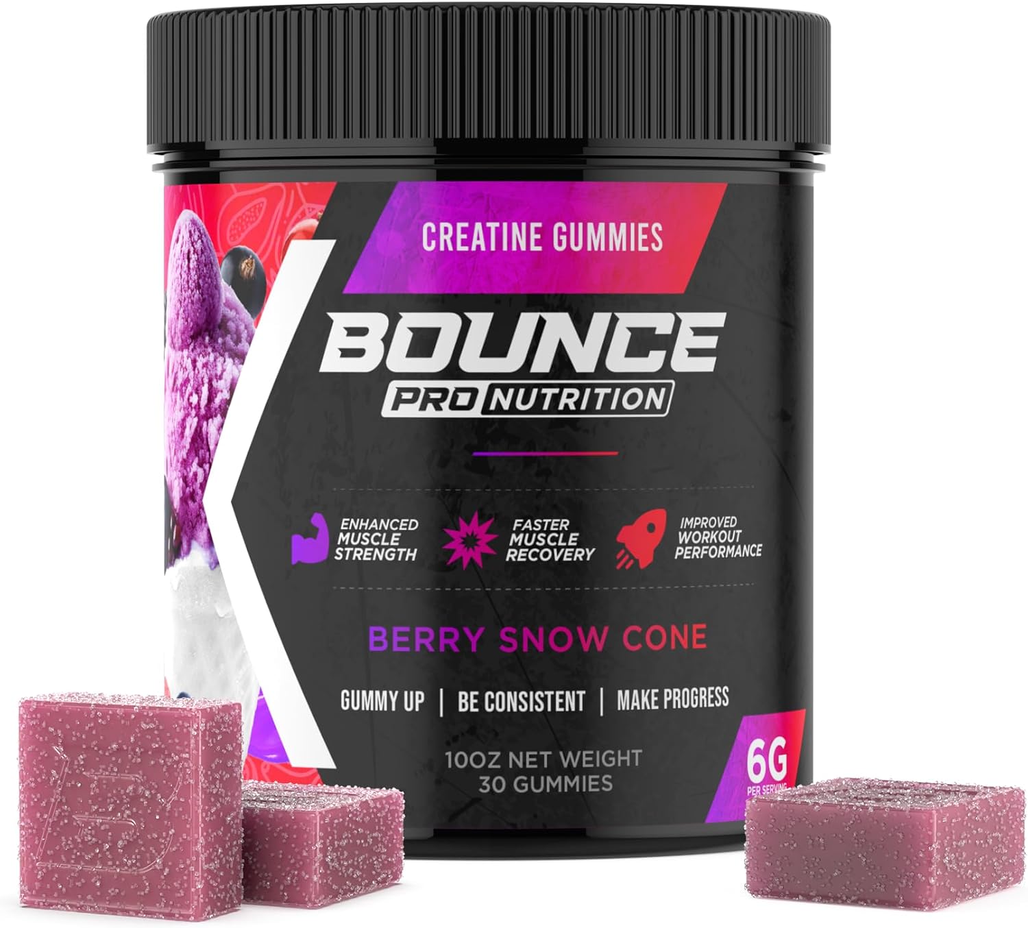 Vegan Creatine Monohydrate Gummies for Men & Women - Low Calorie, Gluten-Free, Non-GMO - 6g Creatine per Serving - Berry Snow Cone Flavor - 30ct