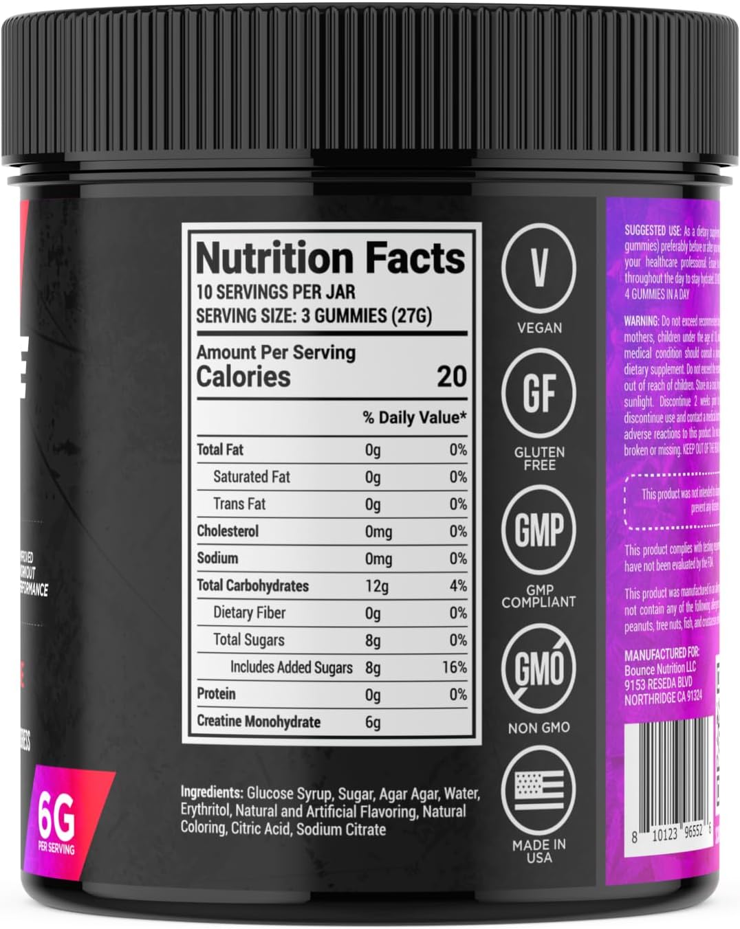 Vegan Creatine Monohydrate Gummies for Men & Women - Low Calorie, Gluten-Free, Non-GMO - 6g Creatine per Serving - Berry Snow Cone Flavor - 30ct