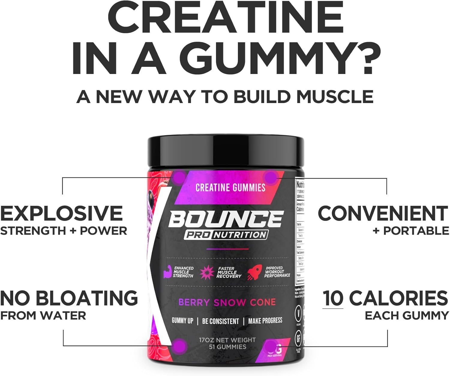 Vegan Creatine Monohydrate Gummies for Men & Women - Low Calorie, Gluten-Free, Non-GMO - 6g Creatine per Serving - Berry Snow Cone Flavor - 30ct