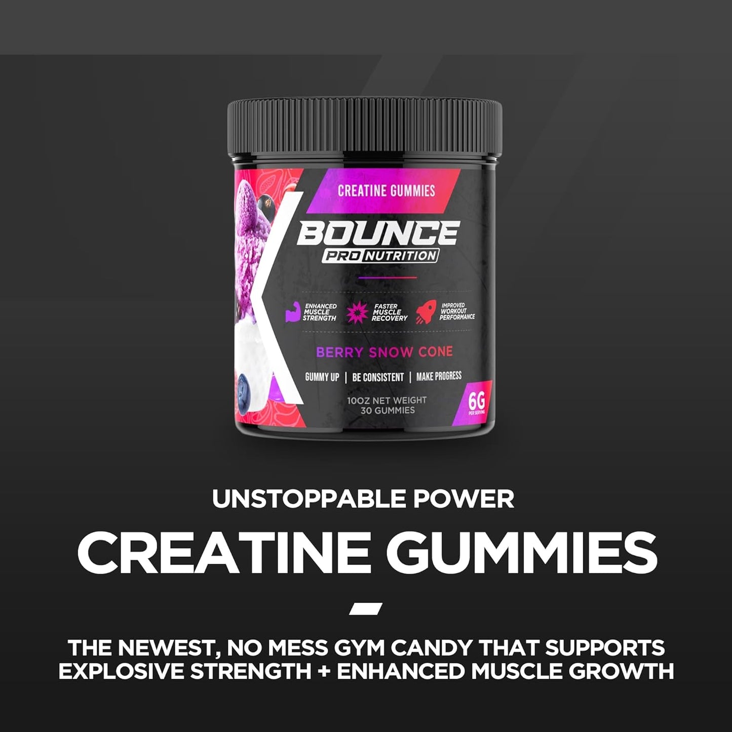 Vegan Creatine Monohydrate Gummies for Men & Women - Low Calorie, Gluten-Free, Non-GMO - 6g Creatine per Serving - Berry Snow Cone Flavor - 30ct