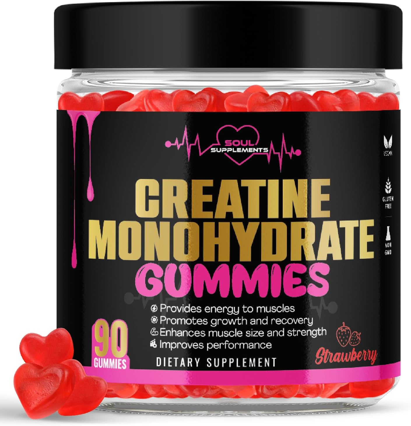 Vegan Creatine Monohydrate Gummies for Muscle Recovery, Strength, and Energy - Gluten-Free & Non-GMO Supplement for Men and Women (90 Count)