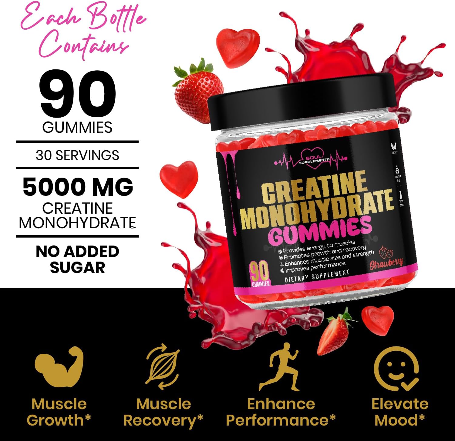 Vegan Creatine Monohydrate Gummies for Muscle Recovery, Strength, and Energy - Gluten-Free & Non-GMO Supplement for Men and Women (90 Count)