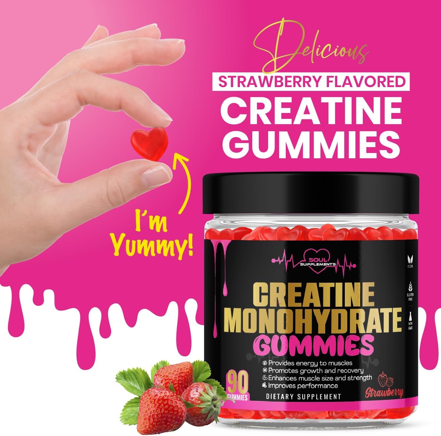 Vegan Creatine Monohydrate Gummies for Muscle Recovery, Strength, and Energy - Gluten-Free & Non-GMO Supplement for Men and Women (90 Count)