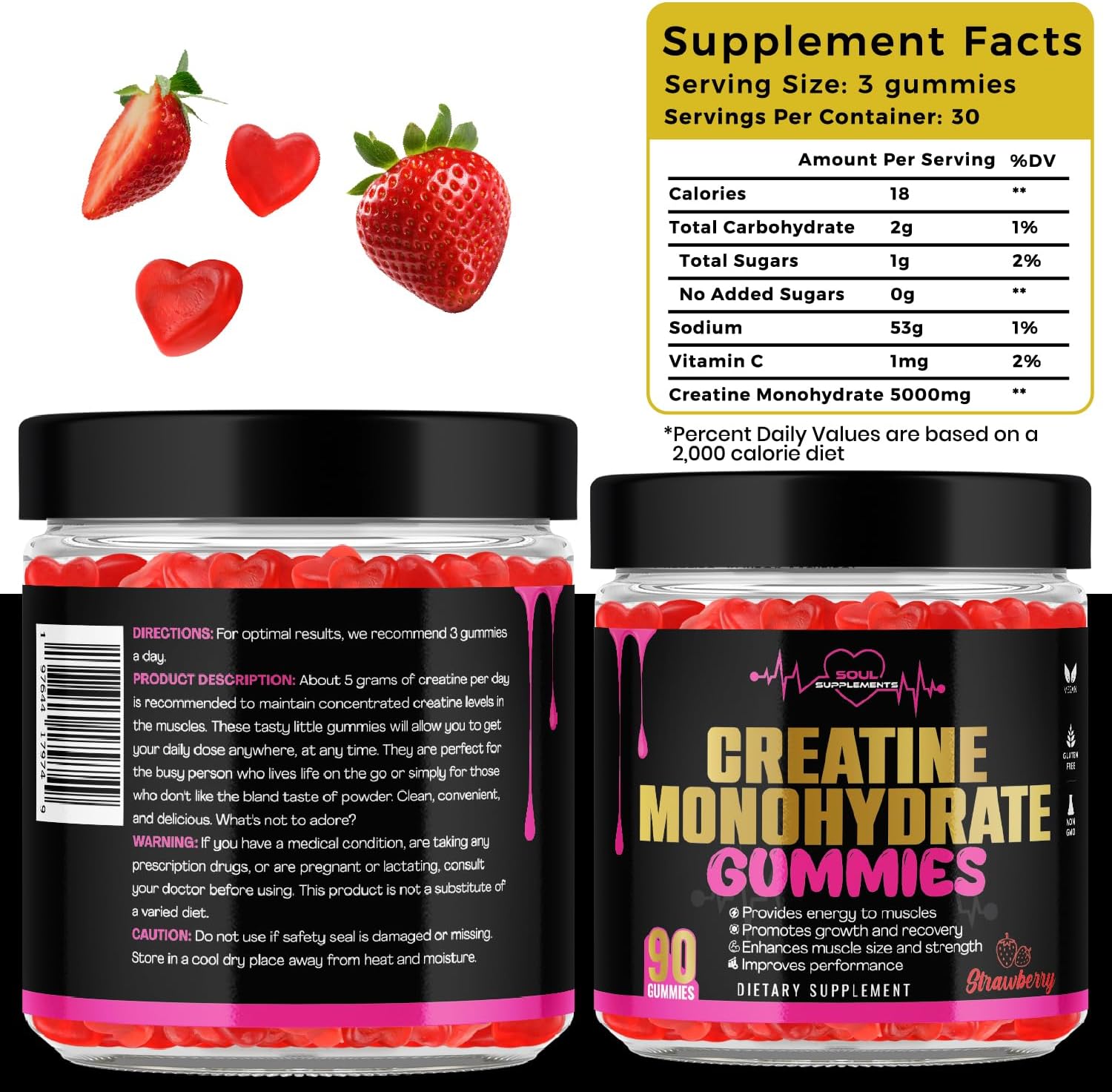 Vegan Creatine Monohydrate Gummies for Muscle Recovery, Strength, and Energy - Gluten-Free & Non-GMO Supplement for Men and Women (90 Count)