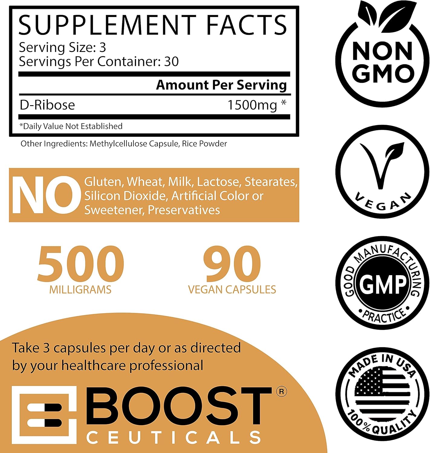 Vegan D-Ribose Capsules - Non GMO 500mg Supplement - Gluten Free, No Stearates - 90 Count by BoostCeuticals