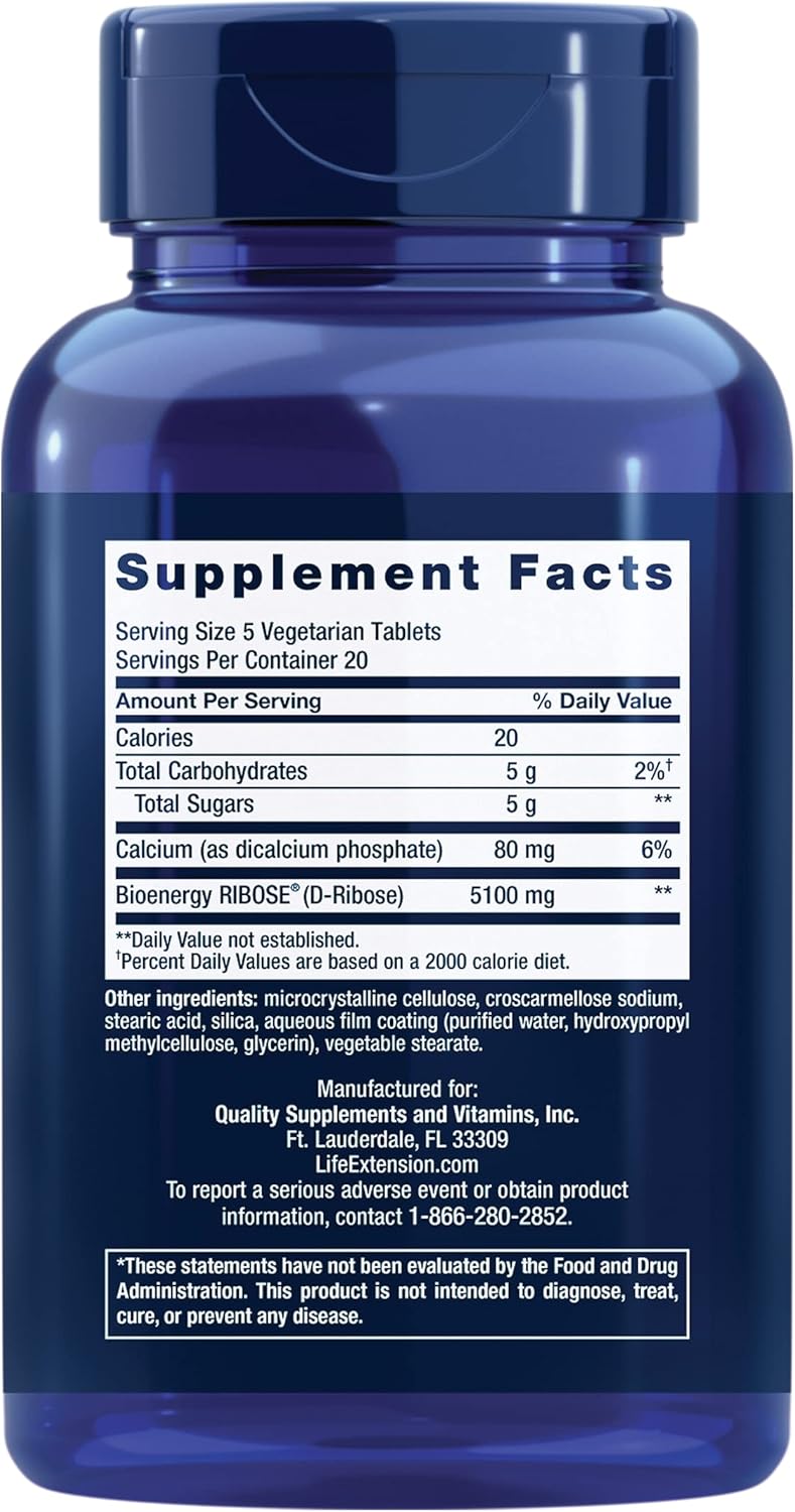 Vegan D-Ribose Tablets with Calcium for Healthy Energy Levels in Heart and Muscle - 100 Vegetarian Tablets
