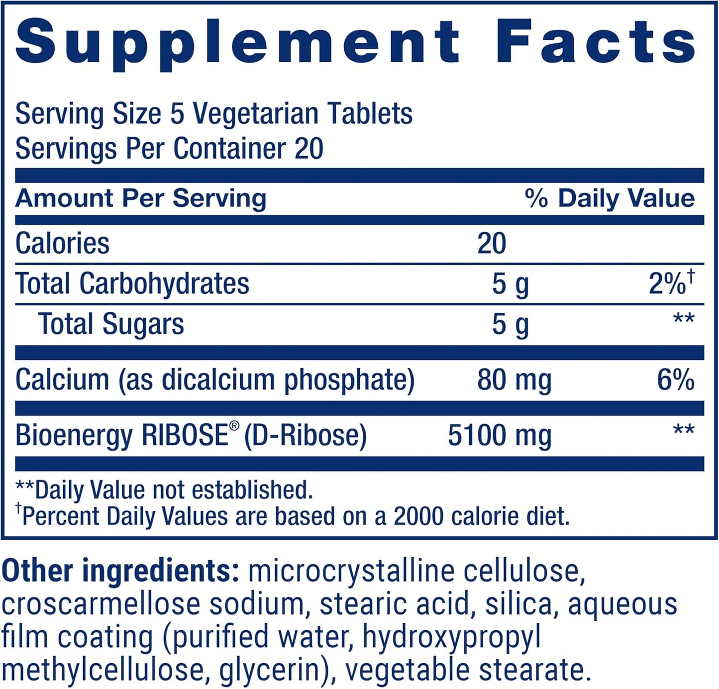Vegan D-Ribose Tablets with Calcium for Healthy Energy Levels in Heart and Muscle - 100 Vegetarian Tablets