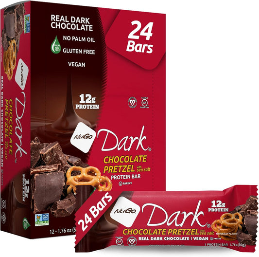 Vegan Dark Chocolate Pretzel and Sea Salt Protein Bars, 12g Protein, Gluten-Free, Non-GMO, Kosher Pareve - 24 Pack