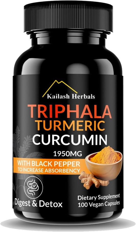 Vegan Digestive Supplement with Triphala, Turmeric, Curcumin & Black Pepper - 1950MG, 100 Capsules