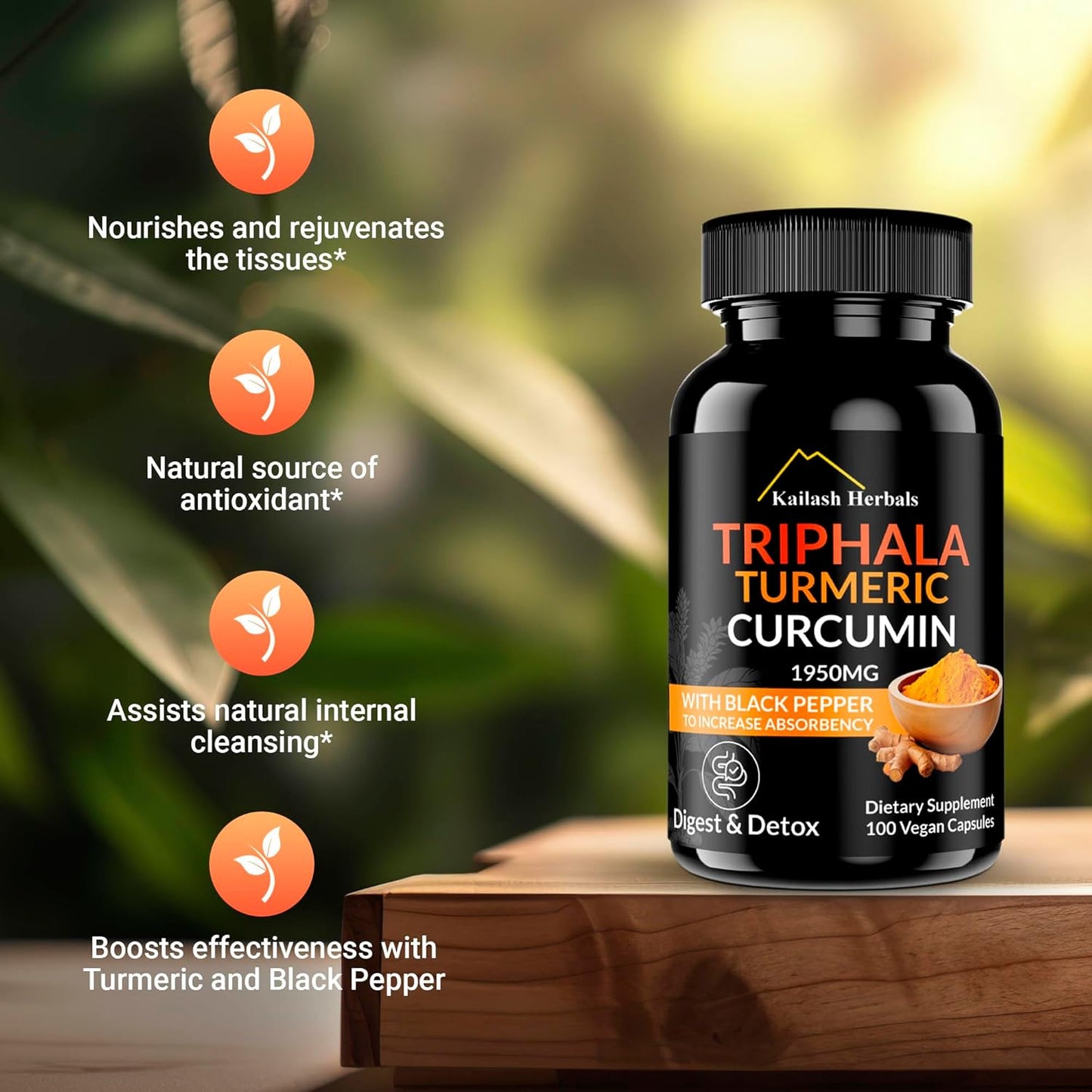 Vegan Digestive Supplement with Triphala, Turmeric, Curcumin & Black Pepper - 1950MG, 100 Capsules