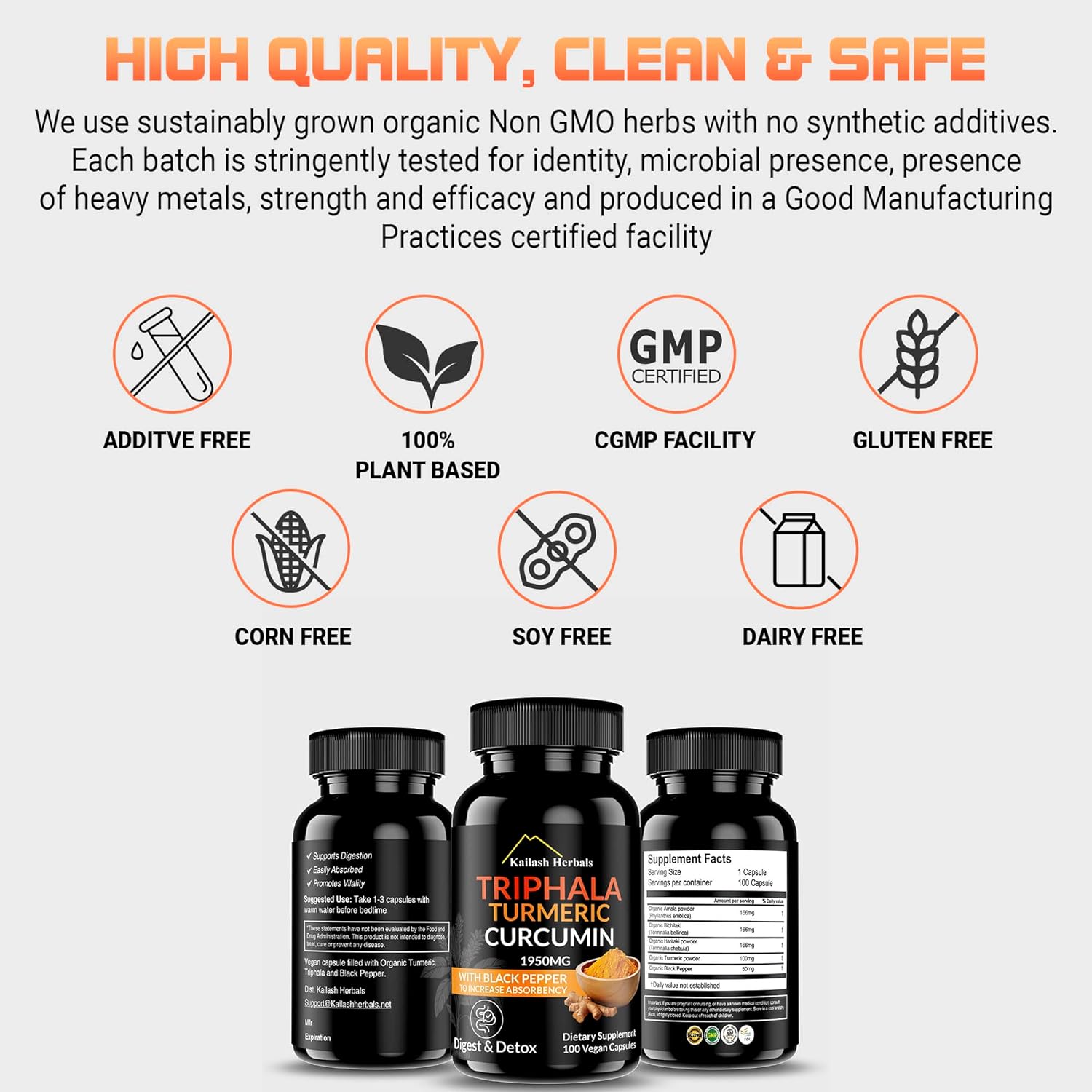 Vegan Digestive Supplement with Triphala, Turmeric, Curcumin & Black Pepper - 1950MG, 100 Capsules