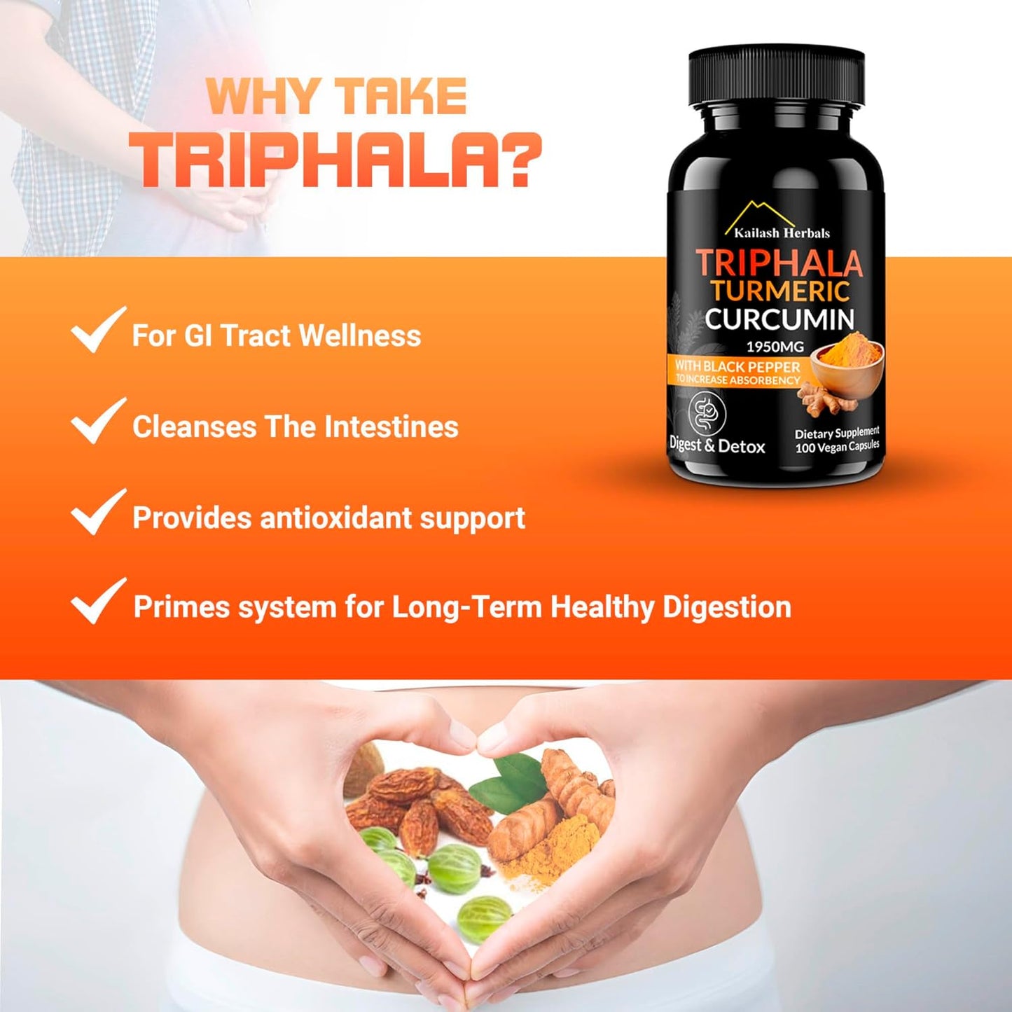 Vegan Digestive Supplement with Triphala, Turmeric, Curcumin & Black Pepper - 1950MG, 100 Capsules