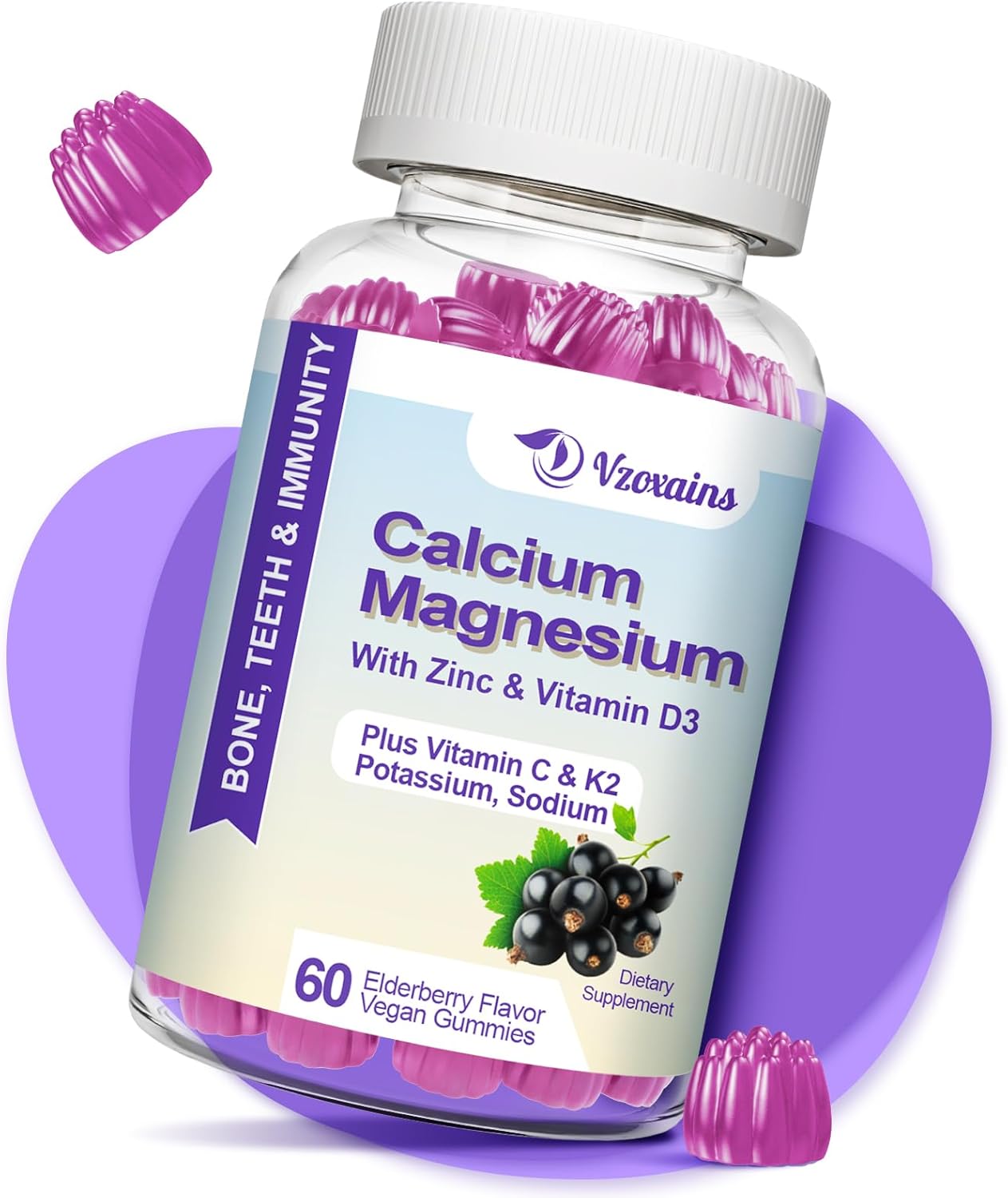 Vegan Elderberry Flavored Calcium Gummies with High Absorption, Sugar-Free Calcium Magnesium Supplement for Bone and Muscle Health - 60 Count
