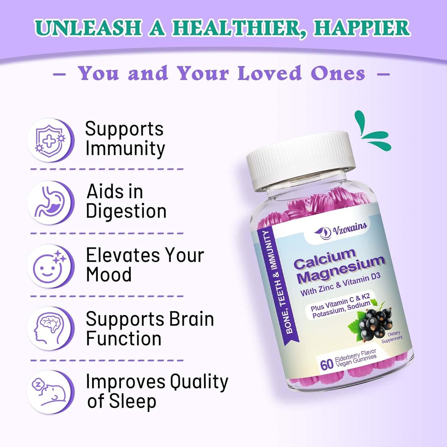 Vegan Elderberry Flavored Calcium Gummies with High Absorption, Sugar-Free Calcium Magnesium Supplement for Bone and Muscle Health - 60 Count