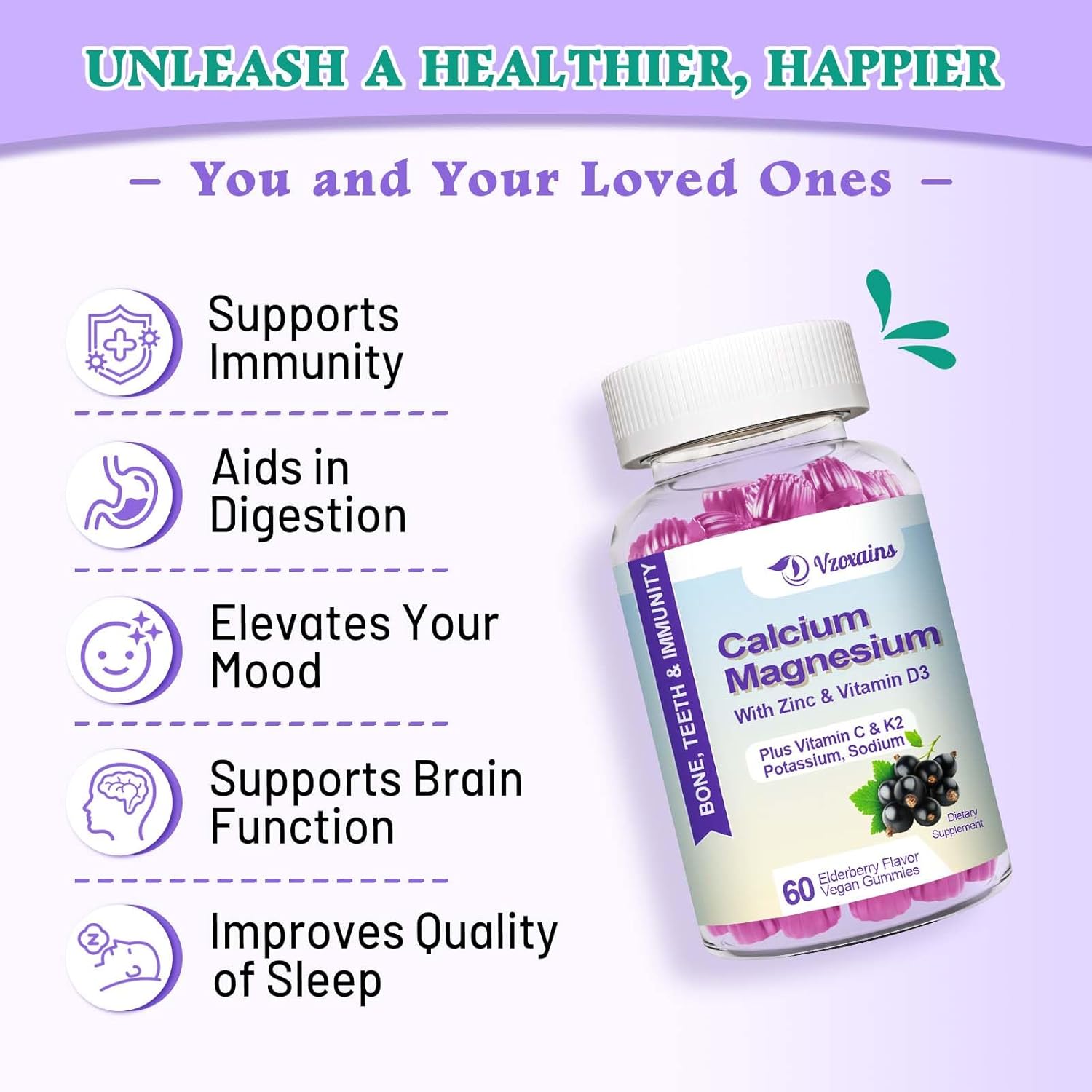 Vegan Elderberry Flavored Calcium Gummies with High Absorption, Sugar-Free Calcium Magnesium Supplement for Bone and Muscle Health - 60 Count