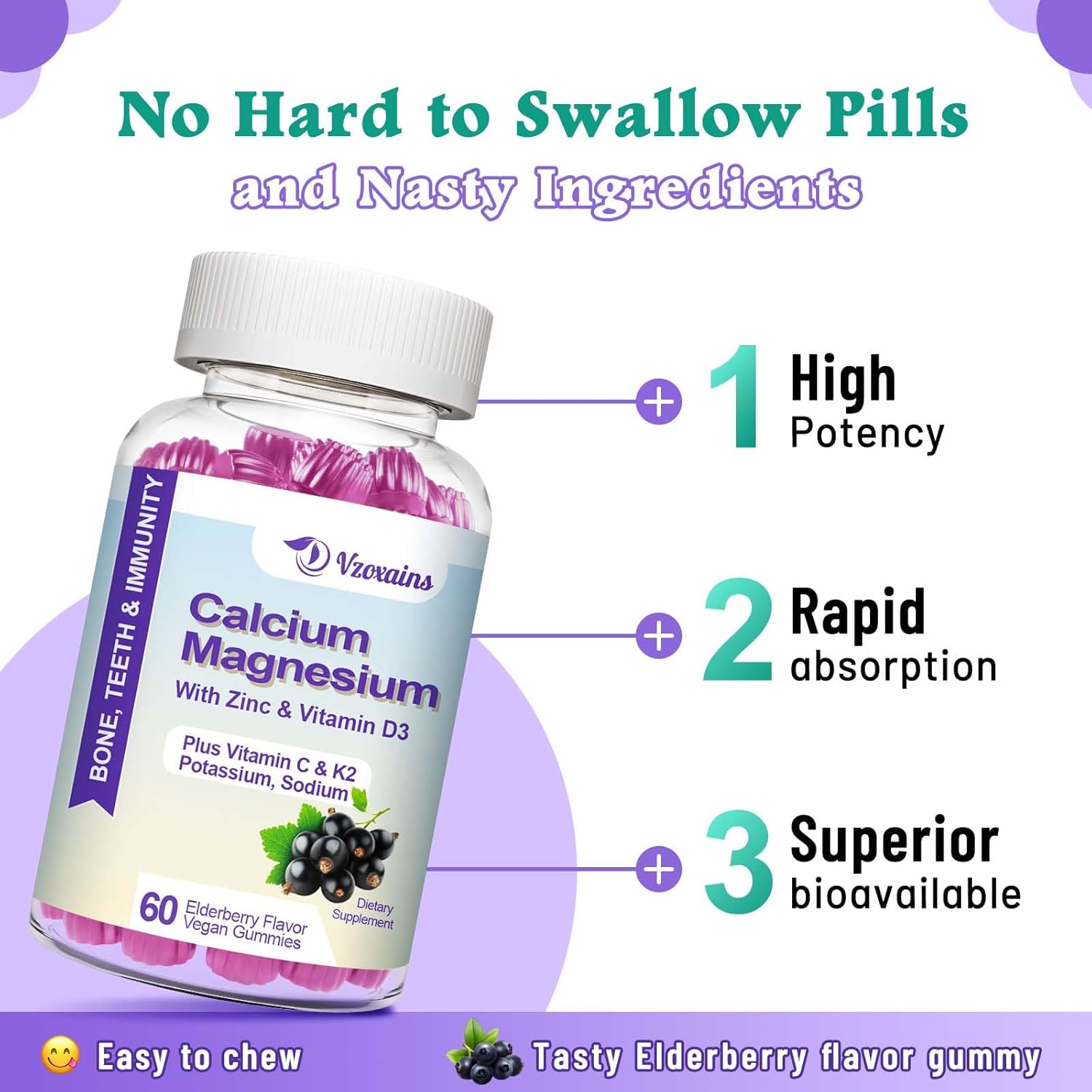 Vegan Elderberry Flavored Calcium Gummies with High Absorption, Sugar-Free Calcium Magnesium Supplement for Bone and Muscle Health - 60 Count