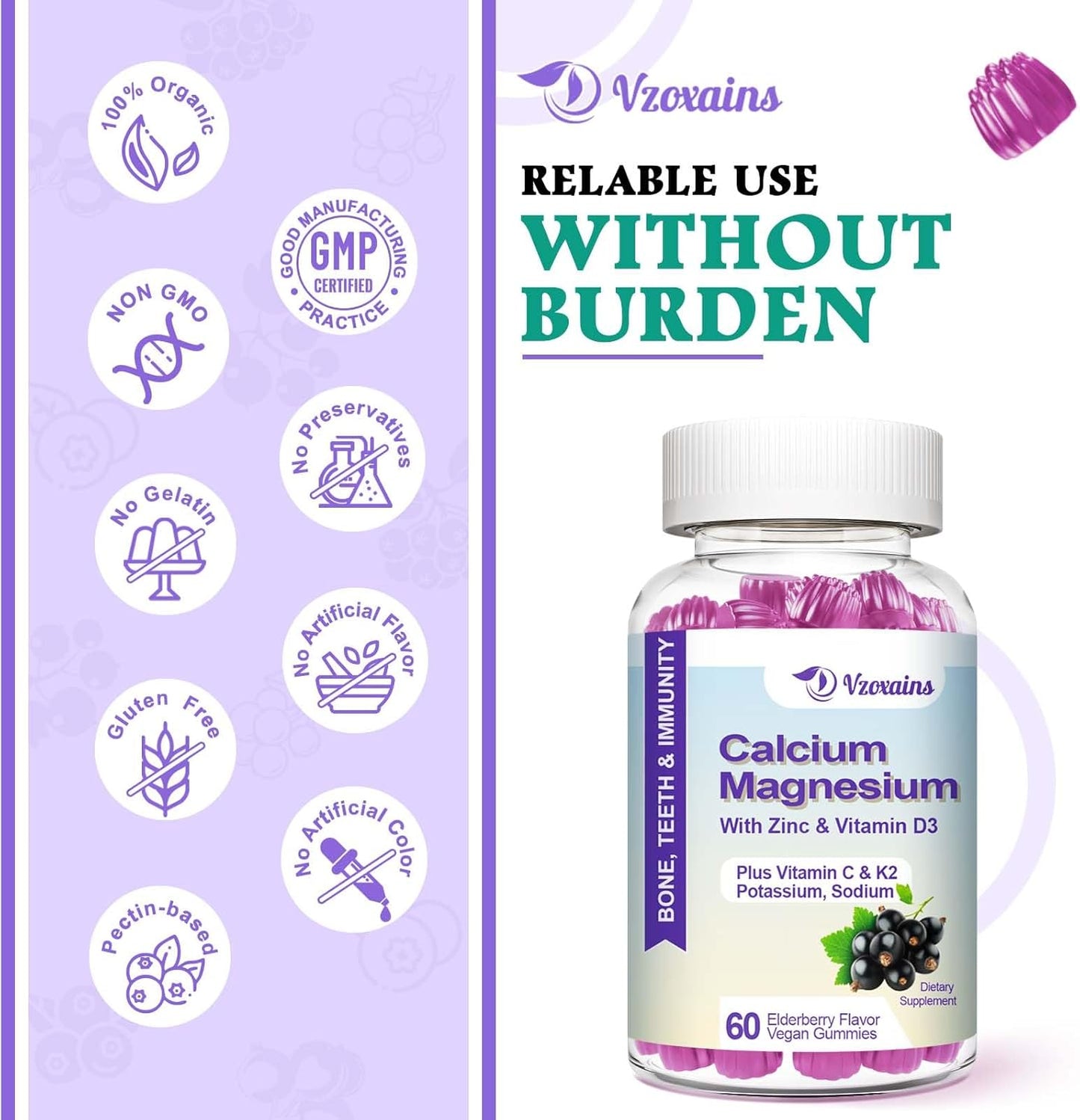 Vegan Elderberry Flavored Calcium Gummies with High Absorption, Sugar-Free Calcium Magnesium Supplement for Bone and Muscle Health - 60 Count