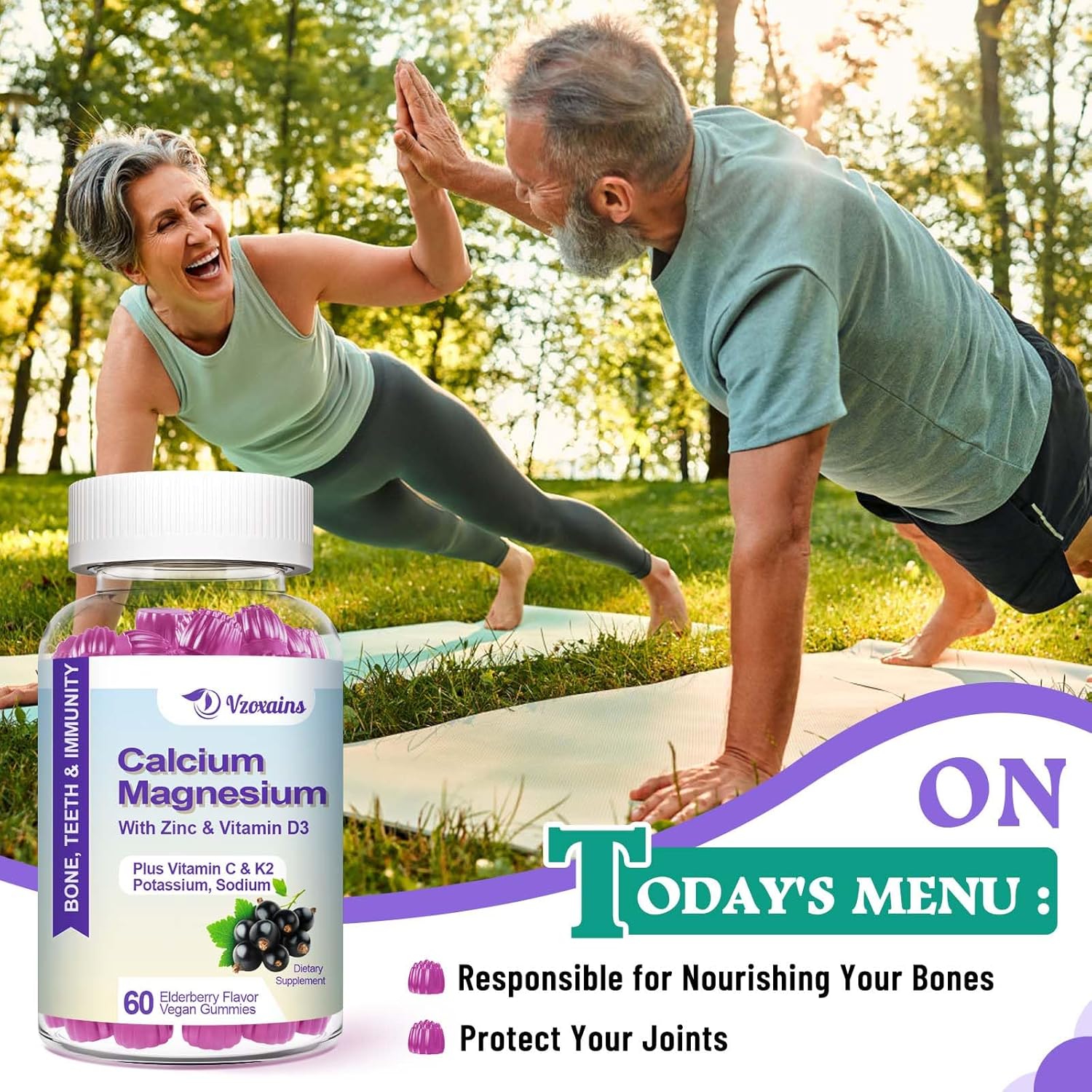 Vegan Elderberry Flavored Calcium Gummies with High Absorption, Sugar-Free Calcium Magnesium Supplement for Bone and Muscle Health - 60 Count