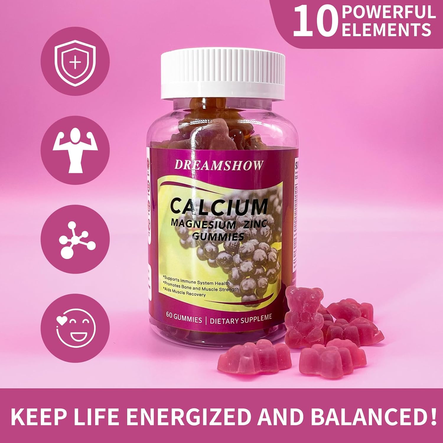 Vegan Elderberry Flavored Calcium Magnesium Zinc Gummies - Sugar-Free Immune Support Supplement for Kids and Adults - 120 Count