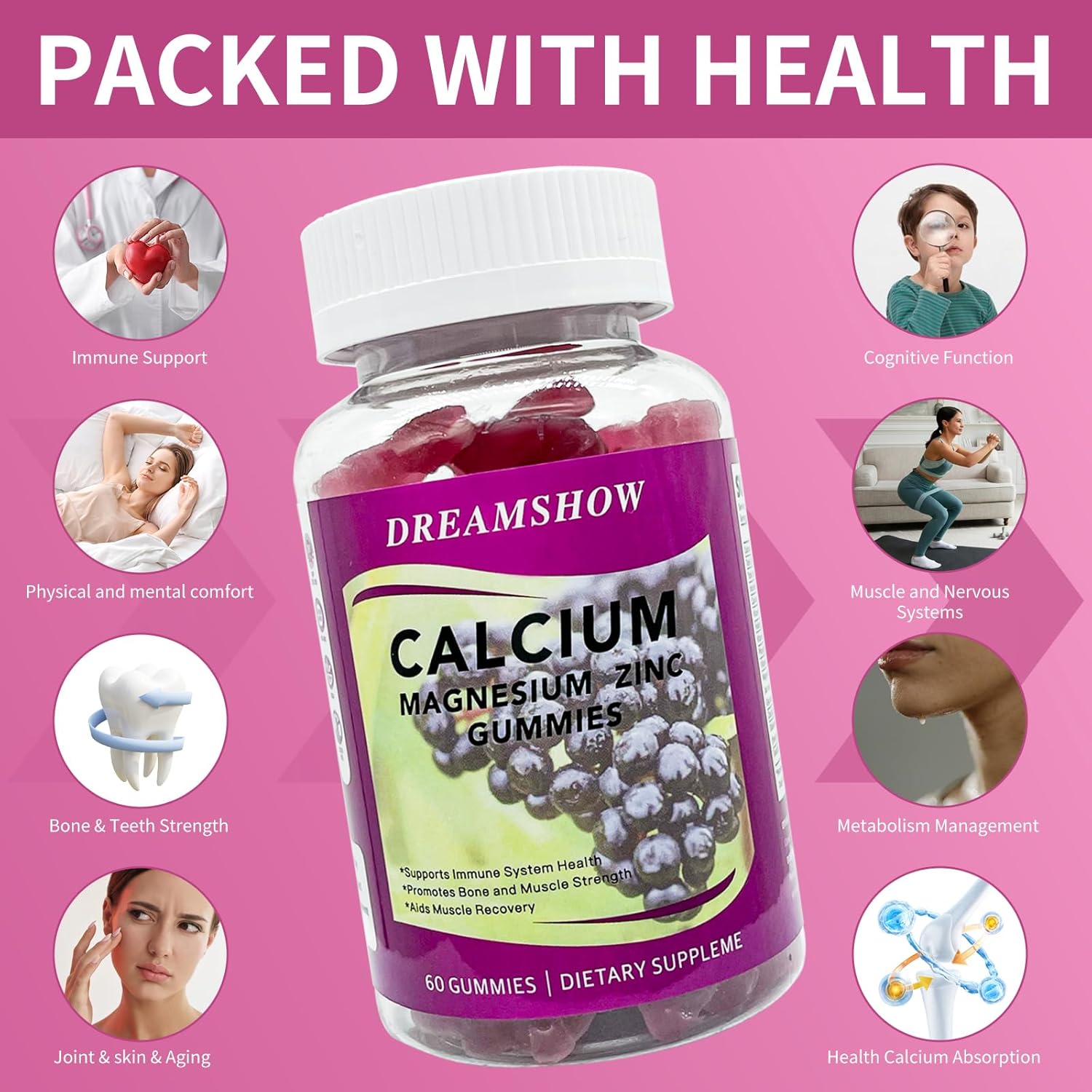 Vegan Elderberry Flavored Calcium Magnesium Zinc Gummies - Sugar-Free Immune Support Supplement for Kids and Adults - 120 Count