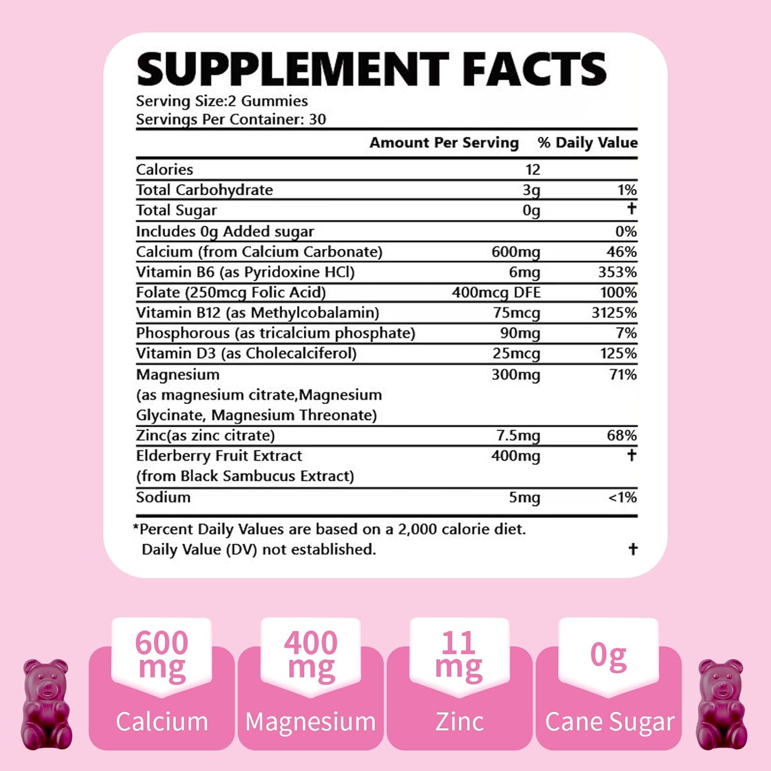 Vegan Elderberry Flavored Calcium Magnesium Zinc Gummies - Sugar-Free Immune Support Supplement for Kids and Adults - 120 Count