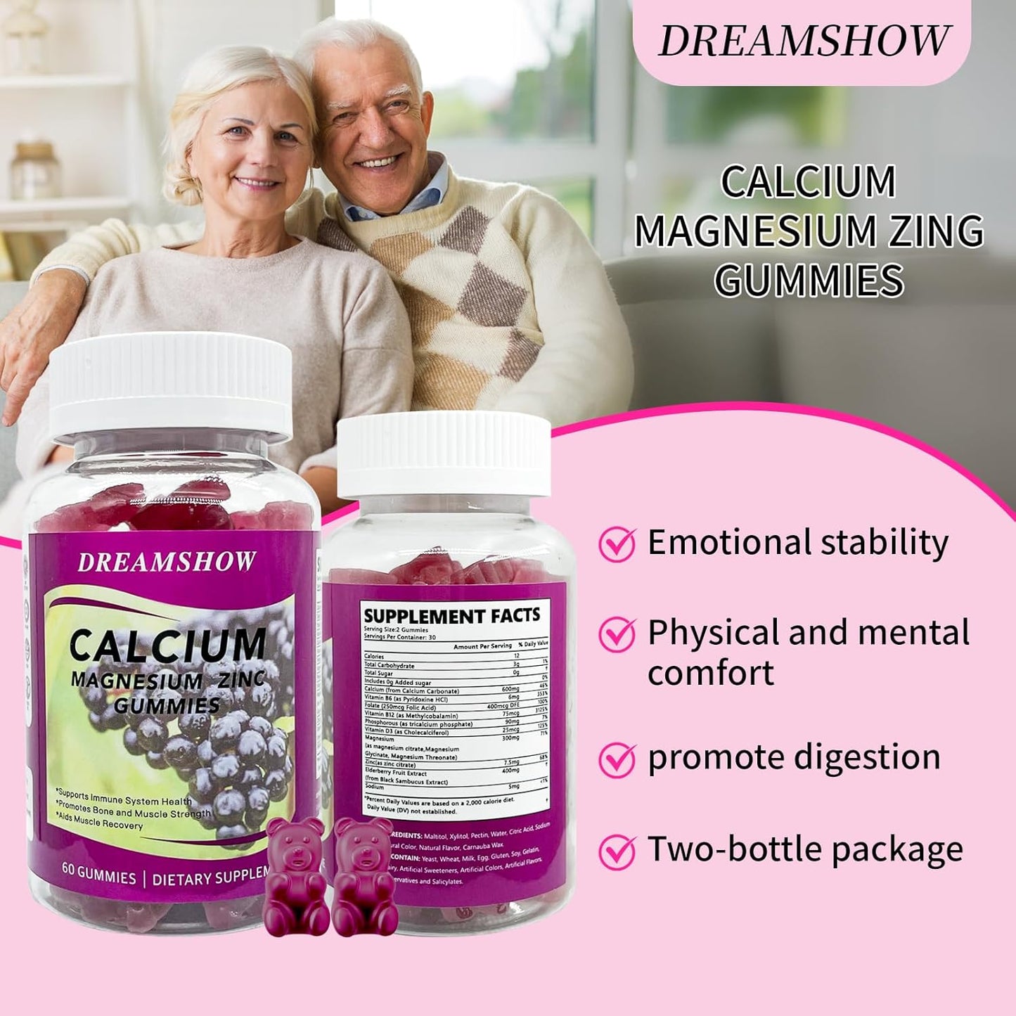Vegan Elderberry Flavored Calcium Magnesium Zinc Gummies - Sugar-Free Immune Support Supplement for Kids and Adults - 120 Count