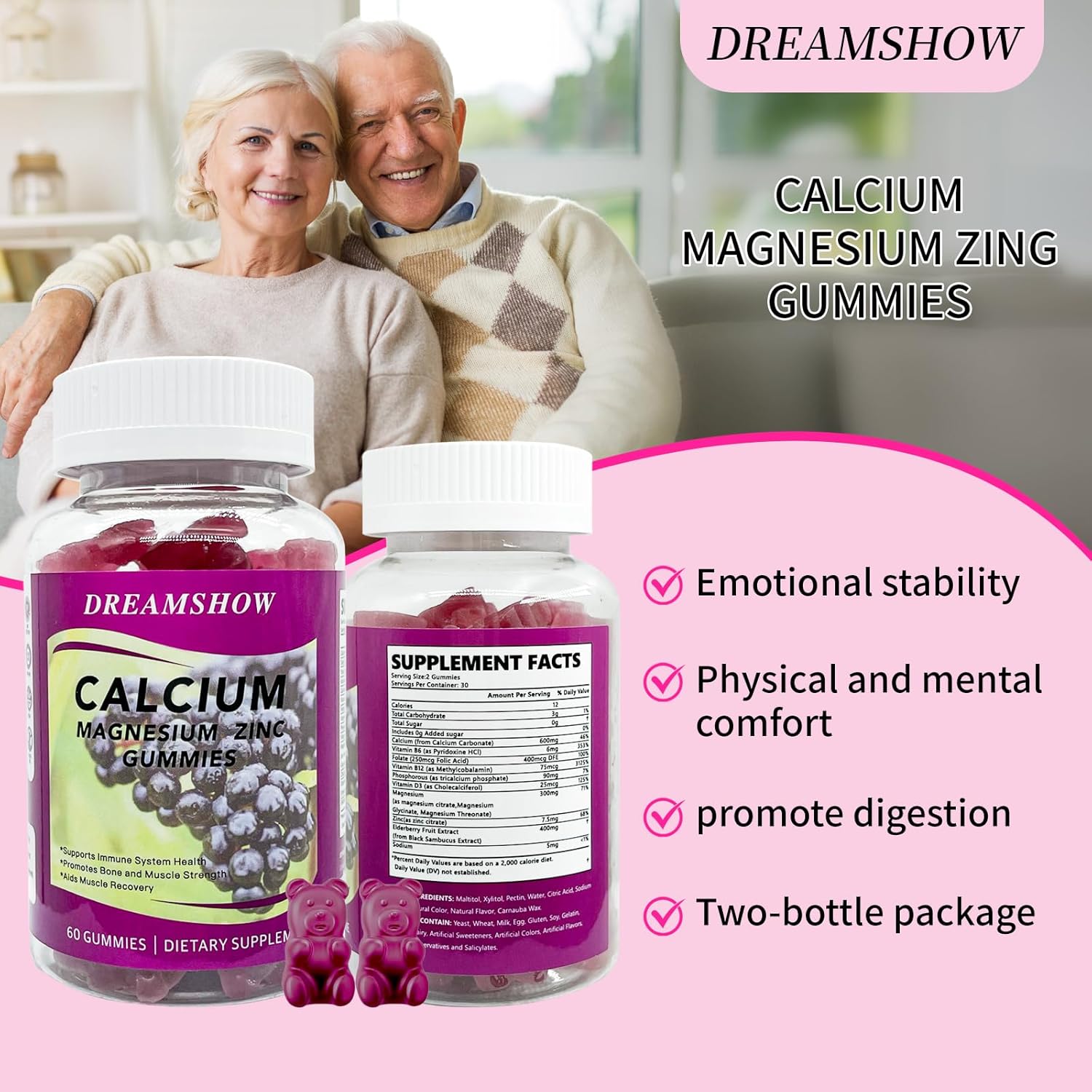 Vegan Elderberry Flavored Calcium Magnesium Zinc Gummies - Sugar-Free Immune Support Supplement for Kids and Adults - 120 Count