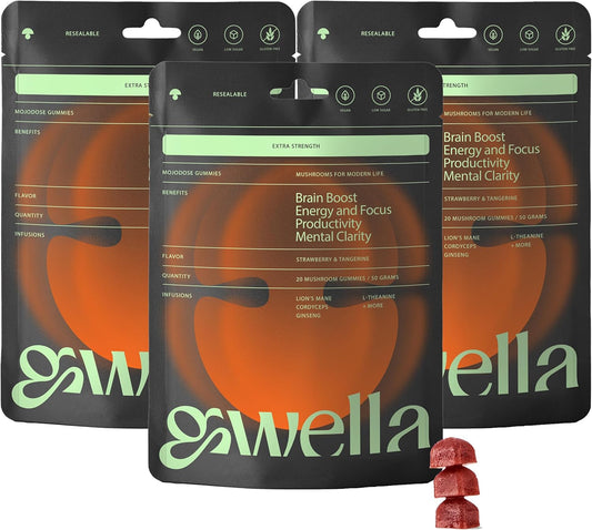 Vegan Energy and Focus Gummies with Lion’s Mane, Panax Ginseng, Ginger Root, Cordyceps, SAM-e, Nootropics - Strawberry Tangerine Flavor - 20 Count x 3 Pack