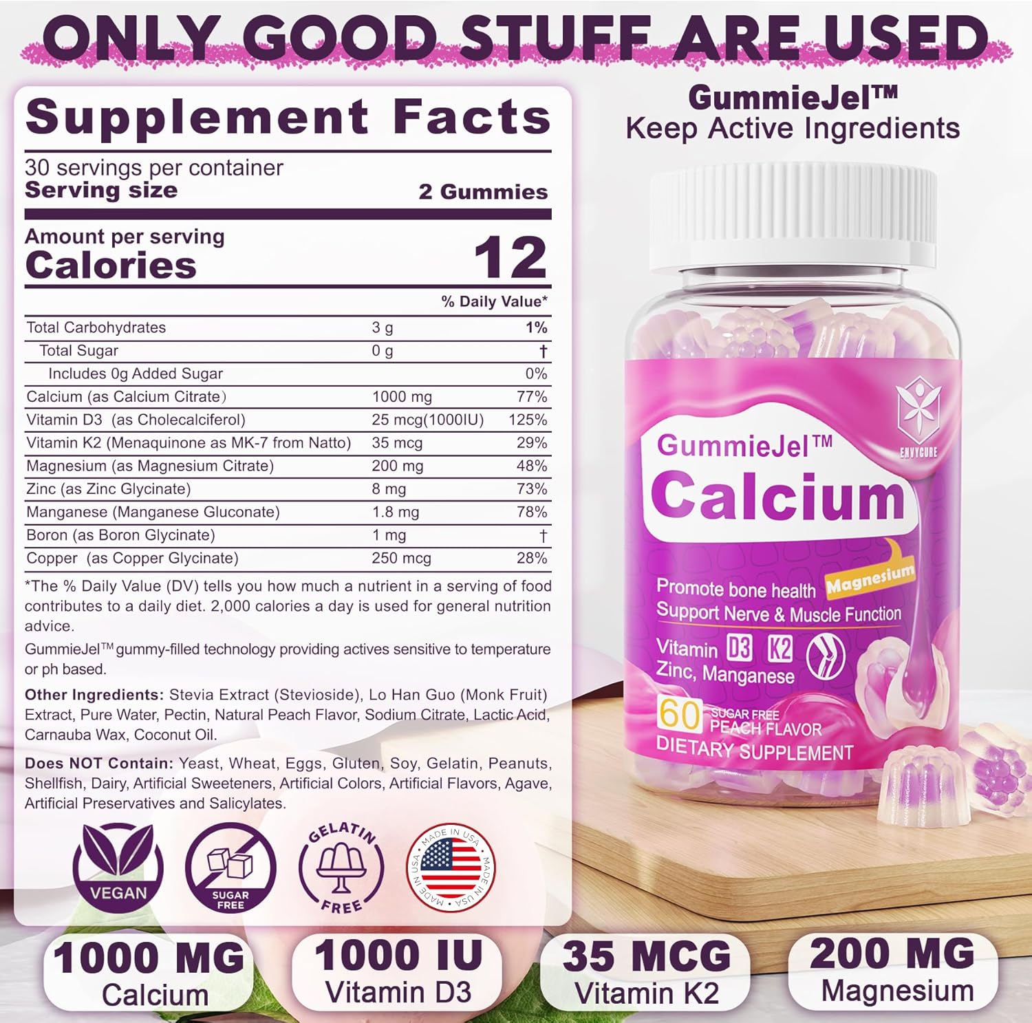 Vegan EnvyCure Sugar-Free Calcium Citrate Gummies 1000mg with Vitamin D3 K2, Magnesium, Zinc, Boron, Manganese, Copper - 120 Count, Ultimate Absorption Calcium Supplement for Bone, Muscle, and Immune Support