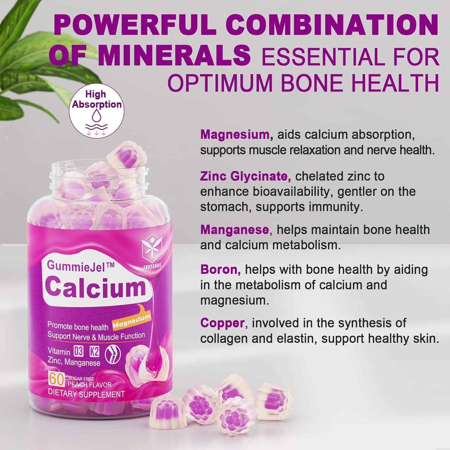 Vegan EnvyCure Sugar-Free Calcium Citrate Gummies 1000mg with Vitamin D3 K2, Magnesium, Zinc, Boron, Manganese, Copper - 120 Count, Ultimate Absorption Calcium Supplement for Bone, Muscle, and Immune Support
