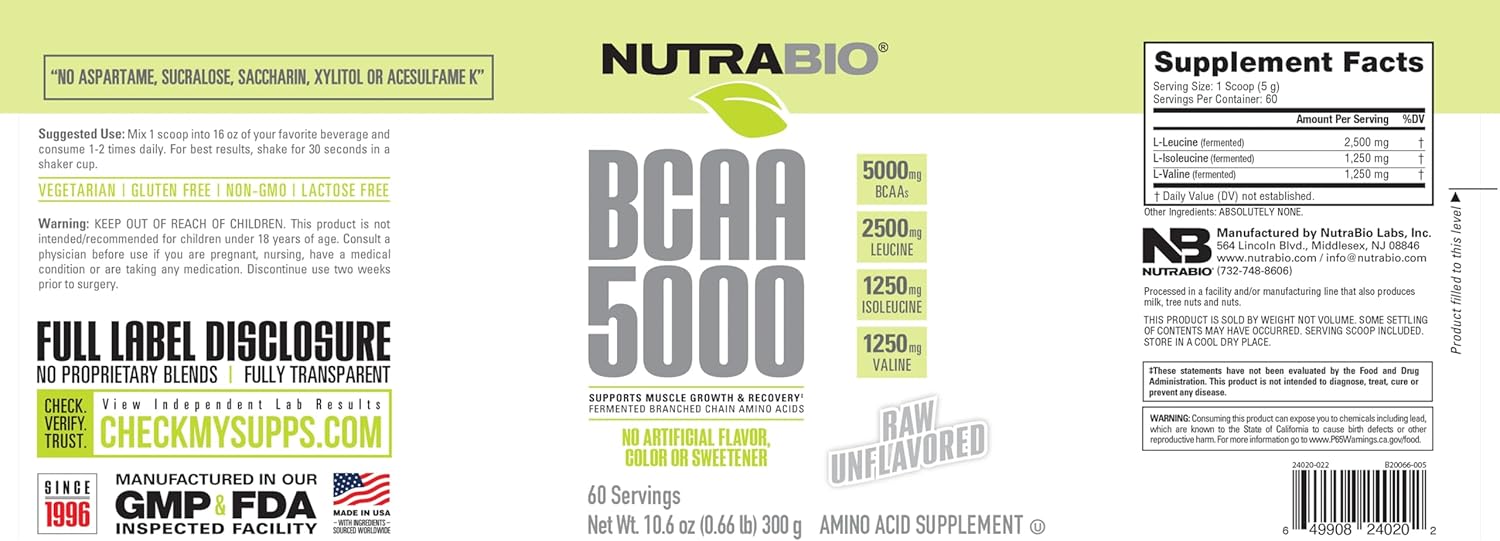 Vegan Fermented BCAA 5000 Powder for Muscle Growth & Recovery - Natural Flavors, Sweeteners, Gluten Free - Unflavored, 60 Servings