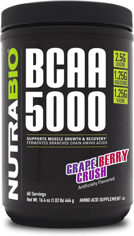 Vegan Fermented BCAA Powder for Lean Muscle Growth and Recovery - NutraBio BCAA 5000 - Grape Berry Crush - 60 Servings