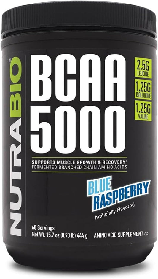 Vegan Fermented BCAA Powder for Lean Muscle Growth & Recovery - NutraBio Blue Raspberry - 60 Servings