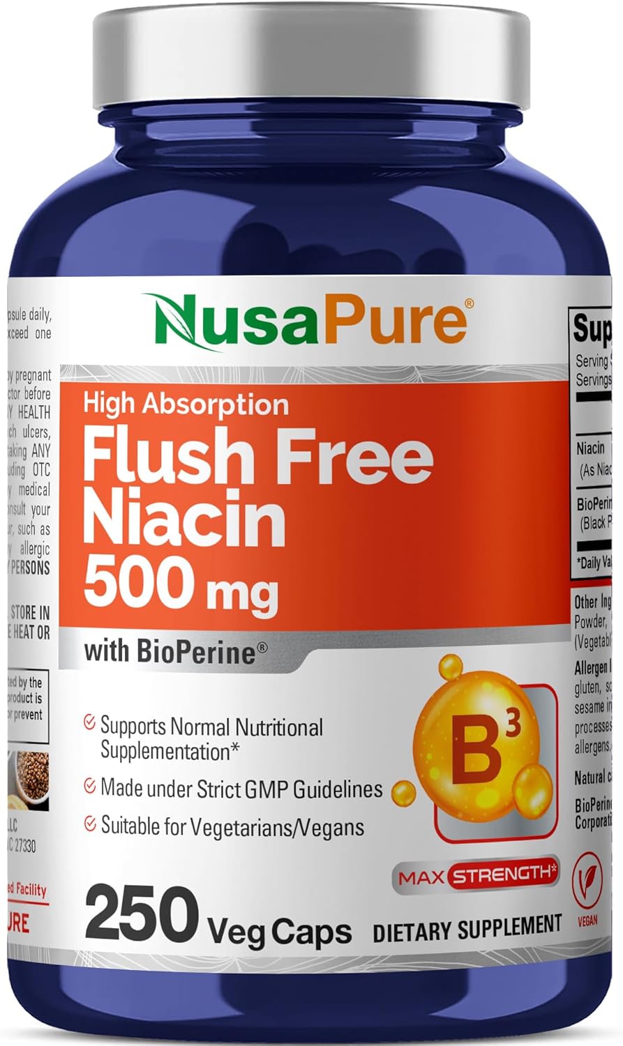 Vegan Flush-Free Niacin 500mg Capsules with Bioperine - Non-GMO Formula for Heart Health - 250 Count