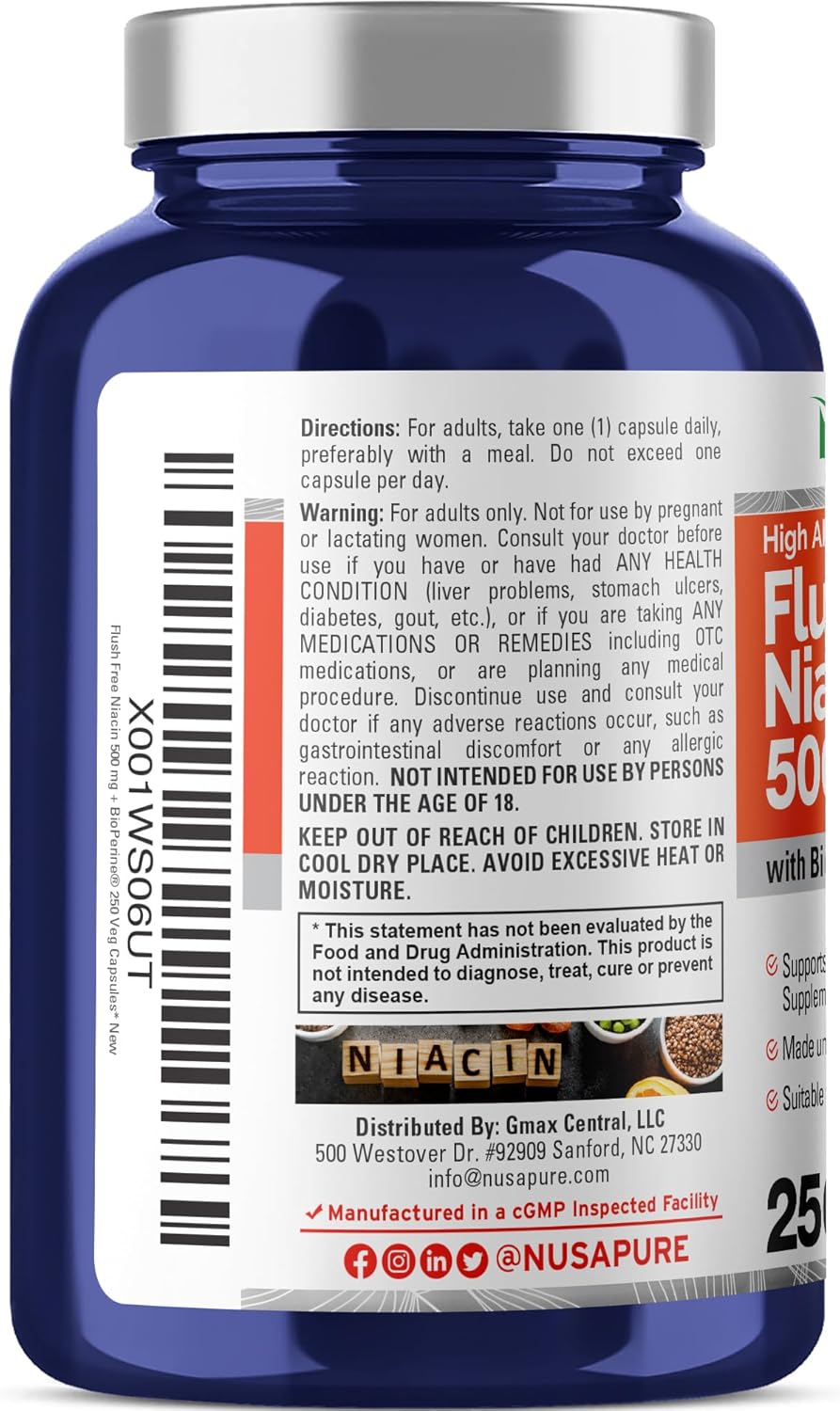 Vegan Flush-Free Niacin 500mg Capsules with Bioperine - Non-GMO Formula for Heart Health - 250 Count