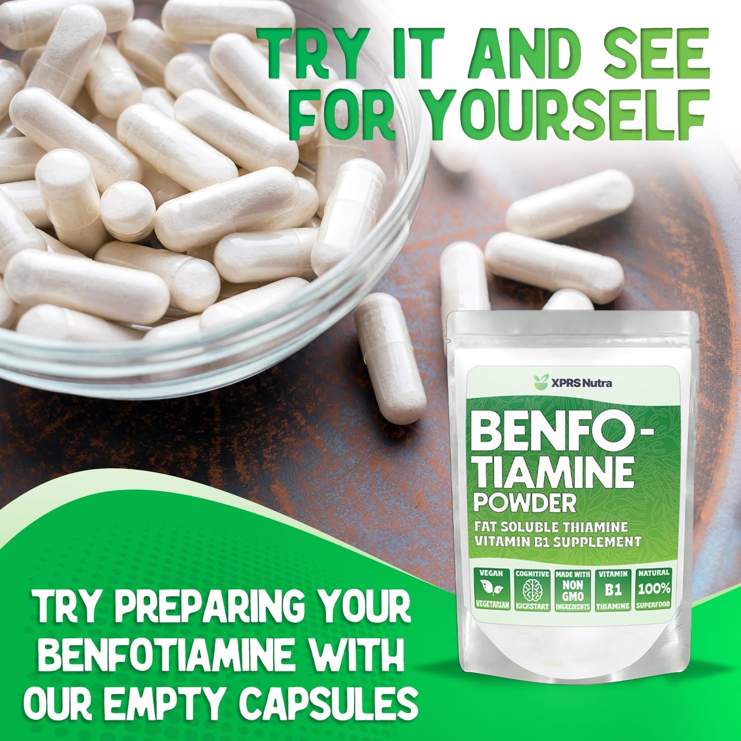 Vegan Friendly Benfotiamine Powder for Cognitive Boost - XPRS Nutra Fat Soluble Thiamine Supplement - Advanced Vitamin B1 Formula (.25 oz)