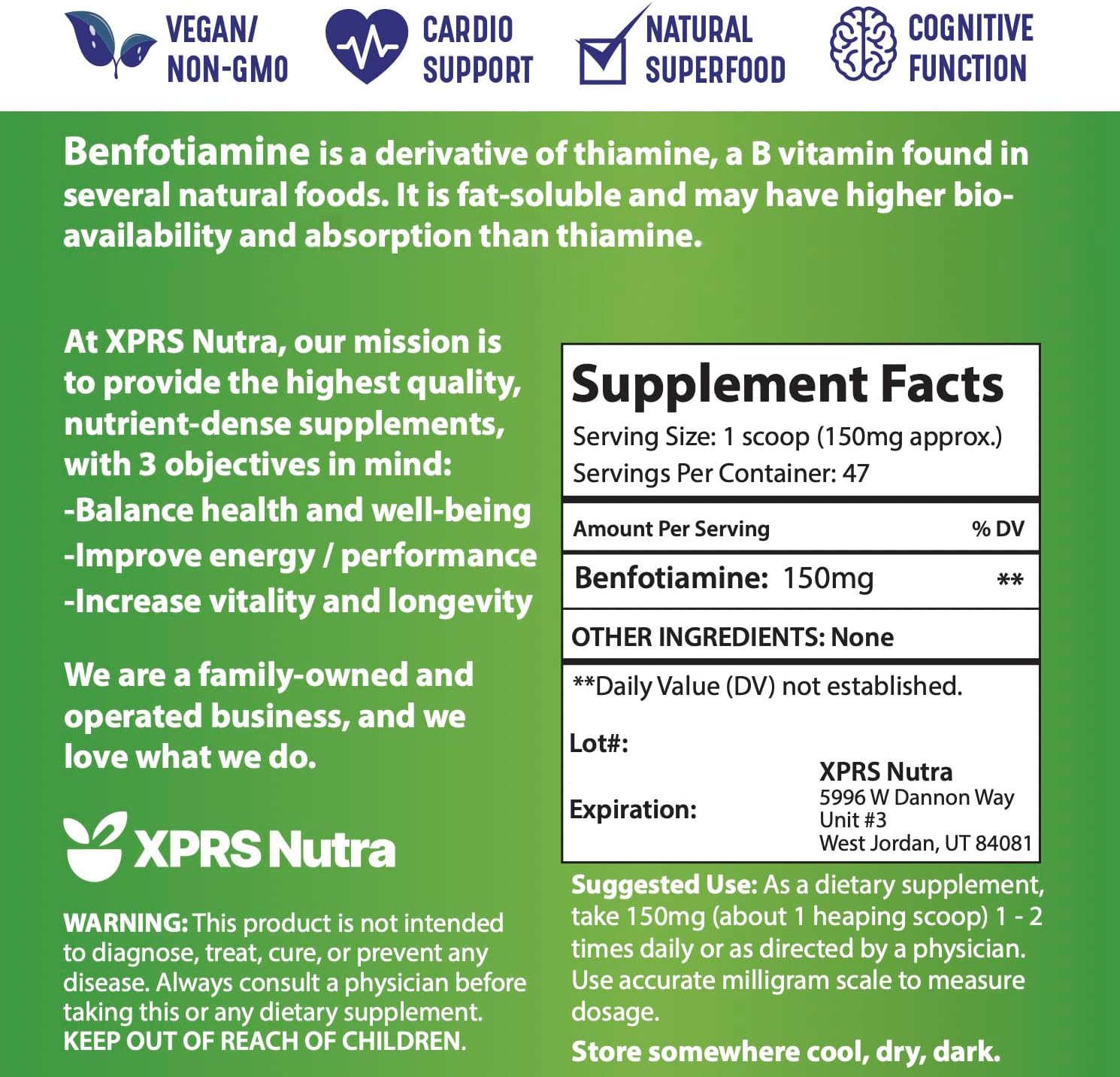 Vegan Friendly Benfotiamine Powder for Cognitive Boost - XPRS Nutra Fat Soluble Thiamine Supplement - Advanced Vitamin B1 Formula (.25 oz)