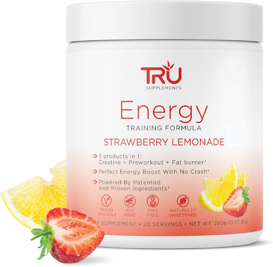 Vegan-Friendly Energy Pre-Workout Formula for Improved Performance - Strawberry Lemonade Flavor - 20 Servings