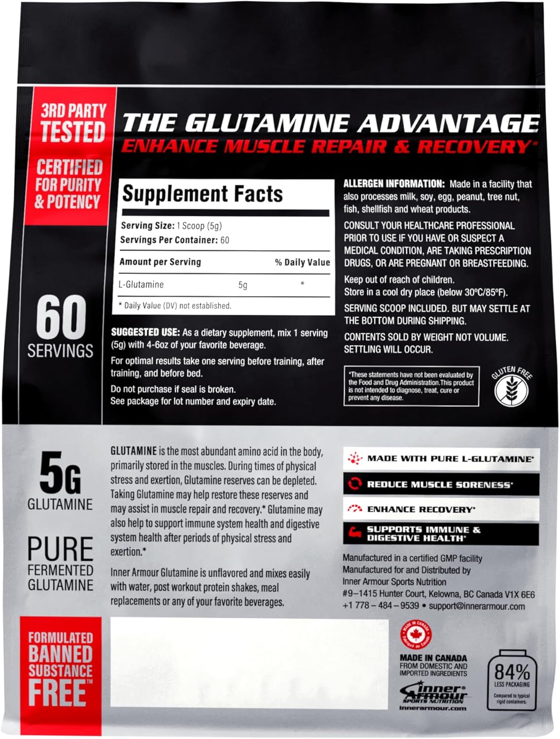 Vegan-Friendly Glutamine Powder for Post-Workout Recovery and Muscle Growth, Immune Support - Fast-Dissolving, Flavor-Free Supplement (300g)
